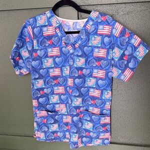 Blue Heart and Flag Print Scrub Top